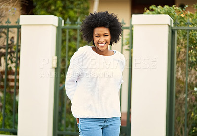 Buy stock photo Portrait, smile and black woman on street of neighborhood with new home, property or real estate. Building, Lagos and residential house with happy afro person outdoor on road or sidewalk in summer