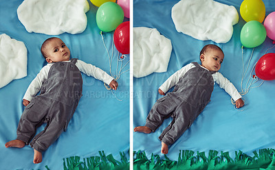 Buy stock photo Composite concept shot of an adorable baby boy flying through the sky holding a bunch of balloons