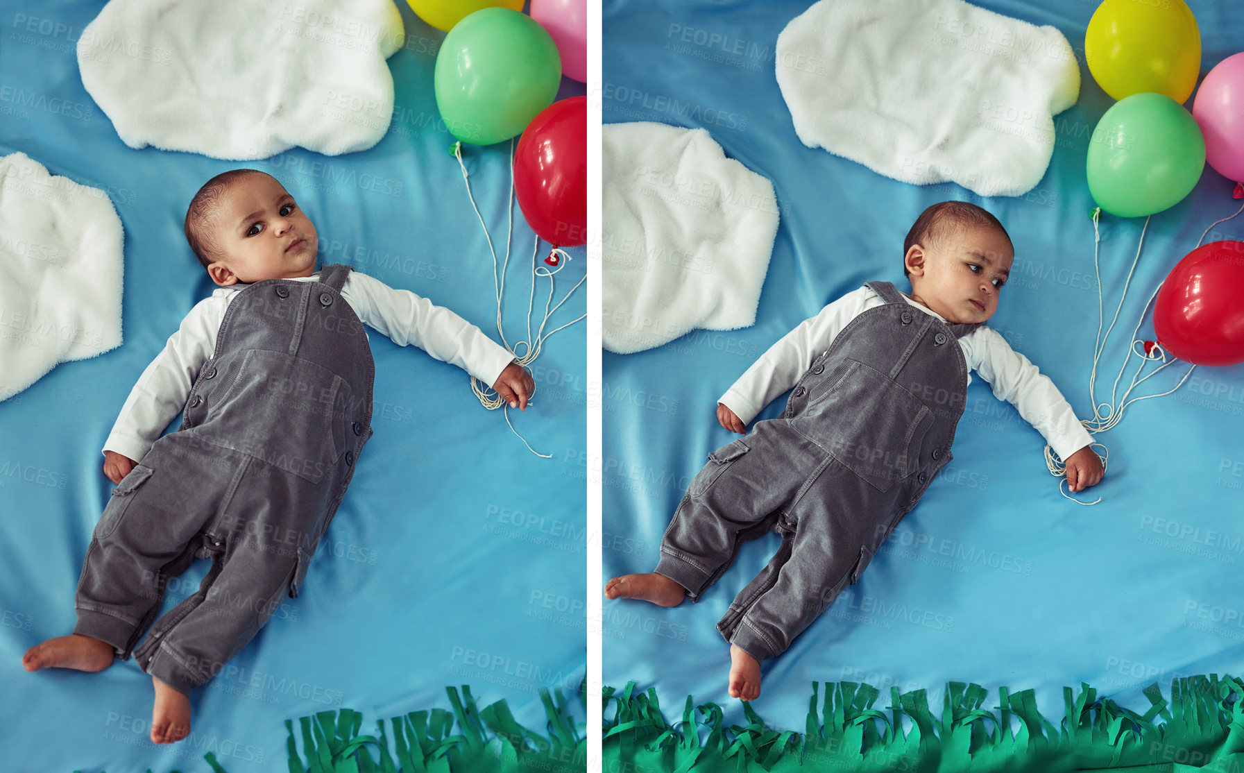Buy stock photo Composite concept shot of an adorable baby boy flying through the sky holding a bunch of balloons