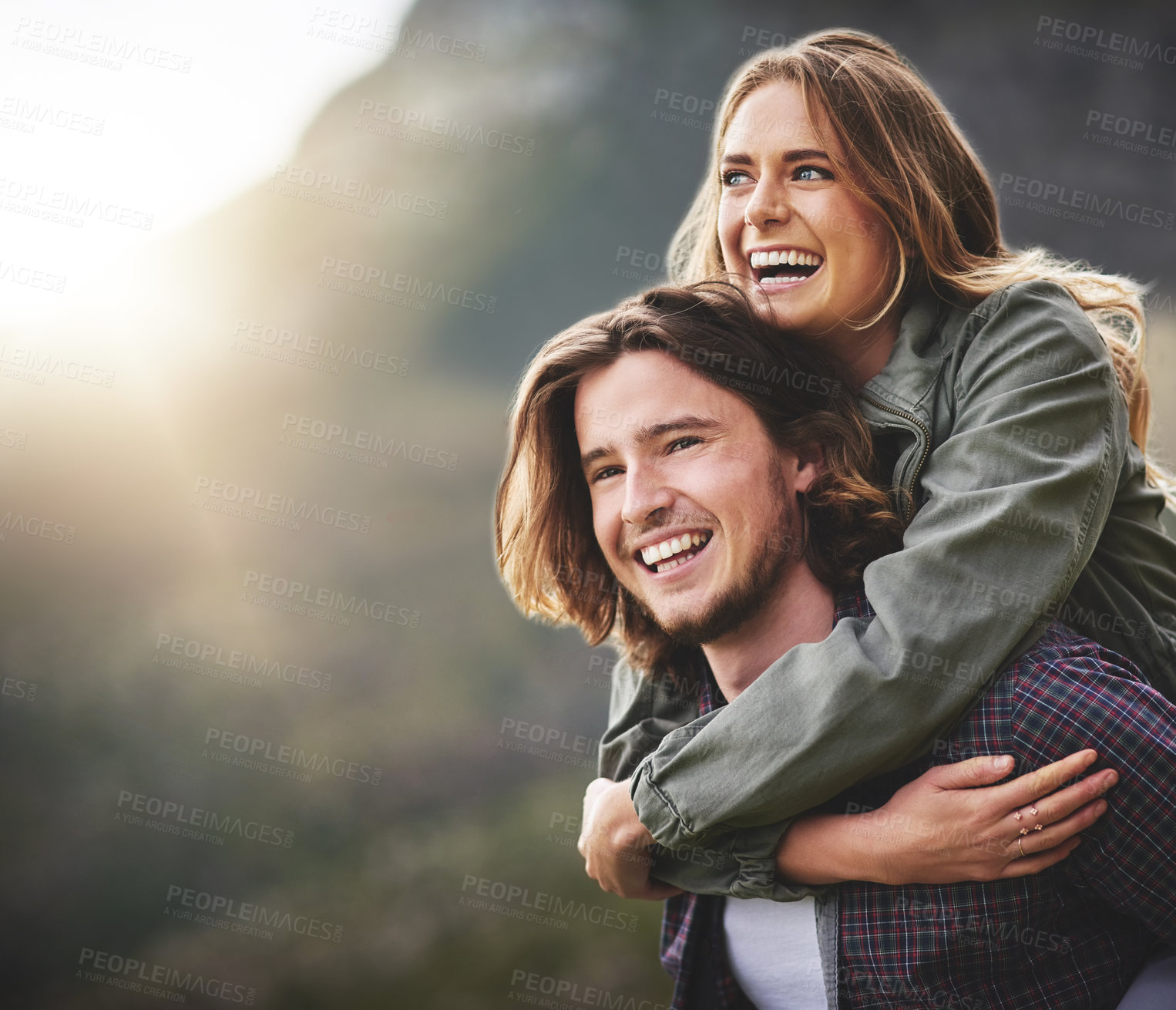 Buy stock photo Happy, couple and thinking with piggyback in nature for outdoor adventure, romantic and vacation. Man, woman and smile with love by mockup space for marriage bonding, connection and holiday trip