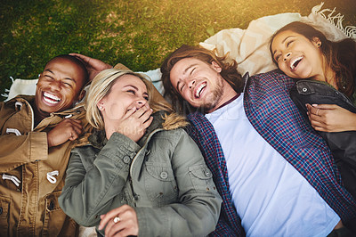 Buy stock photo Friends, picnic and above of people in nature on grass with smile on holiday, vacation and adventure outdoors. Travel, happy and men and women with blanket for bonding, relax and fun on weekend