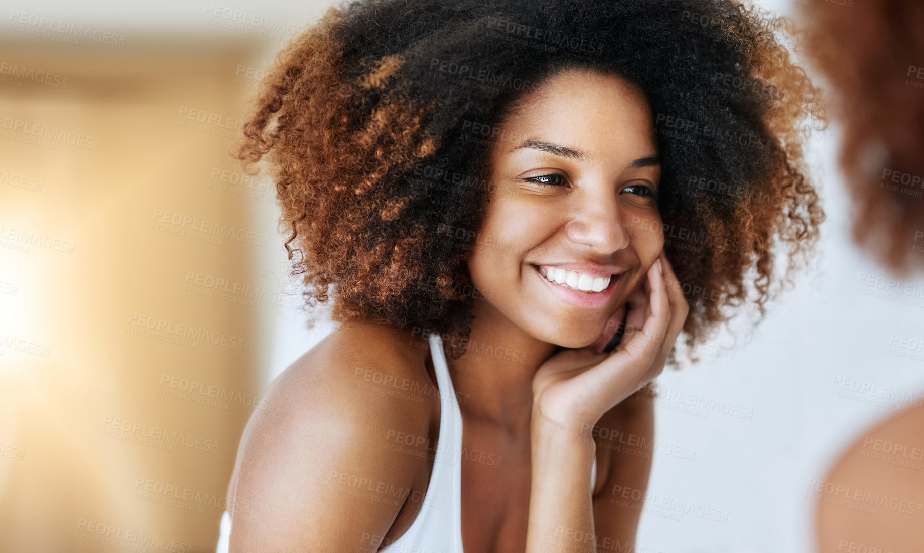 Buy stock photo Haircare, afro and black woman with smile, proud and happy with natural hair, healthy and growth of hairstyle. Texture, confident and shine of hairdo, hairdresser and person in morning and house