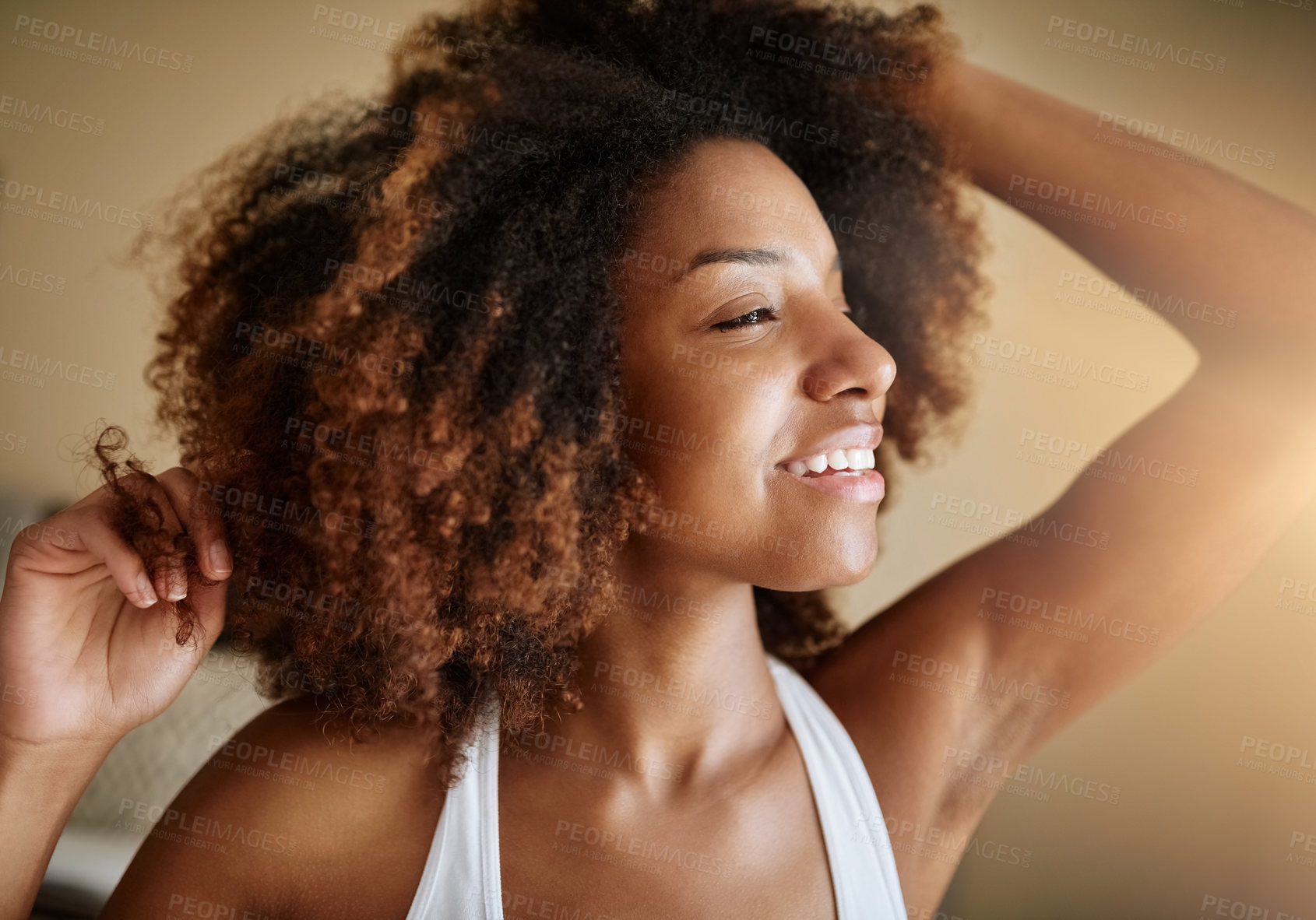 Buy stock photo Home, morning and black woman stretching, peace and happiness with weekend break, calm and stress relief. Bedroom, apartment and African person with wellness, fresh and smile with healthy routine