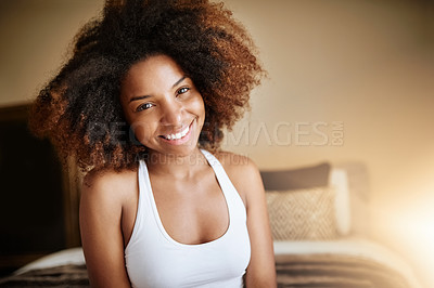 Buy stock photo Portrait, house and black woman with beauty, glow and grooming routine for smooth skin. Face, apartment and happy person with texture, dermatology and smile with cosmetology, shine and treatment