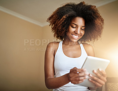 Buy stock photo Woman, smile or tablet on bed in home for checking notifications, social media scroll or reading morning news. African girl, happy or relax in bedroom with digital tech for online shopping with space