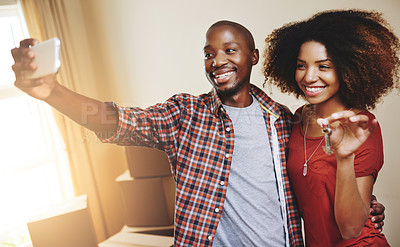 Buy stock photo Black couple, real estate or smile with selfie new house with bonding, support and break or relax from moving. People, homeowner or excited for property investment, dream home or relocation with keys