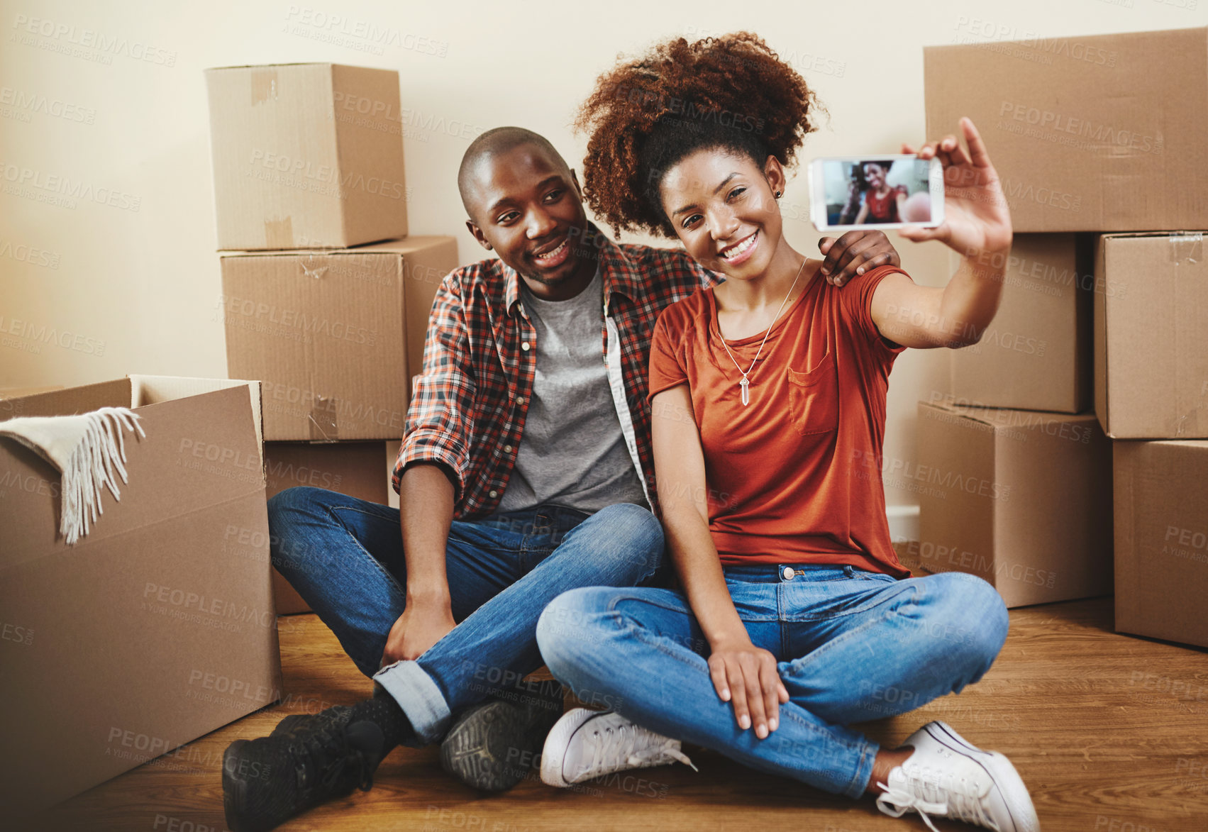 Buy stock photo Black couple, real estate and excited with selfie in new house with bonding, support or boxes for moving. People, homeowner or memory for property investment, dream home or relocation profile picture