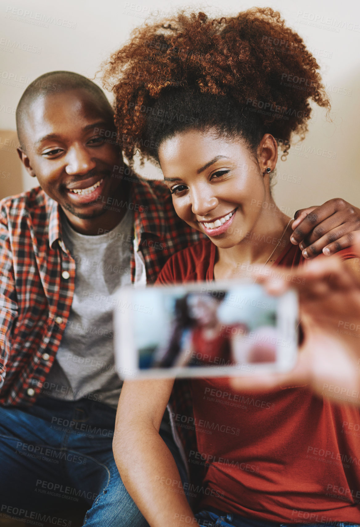 Buy stock photo Black couple, real estate and selfie with smile in new house with bonding, support and break from moving. People, homeowner or memory for property investment, dream home or relocation profile picture