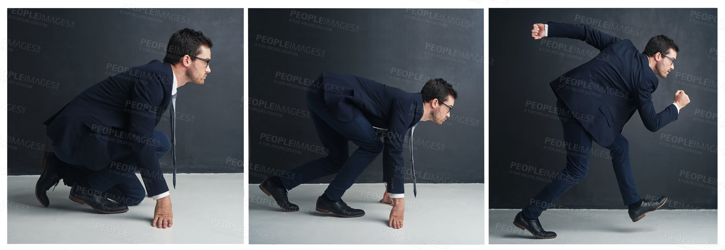 Buy stock photo Sequence shot of a businessman running from a crouched position against a gray background
