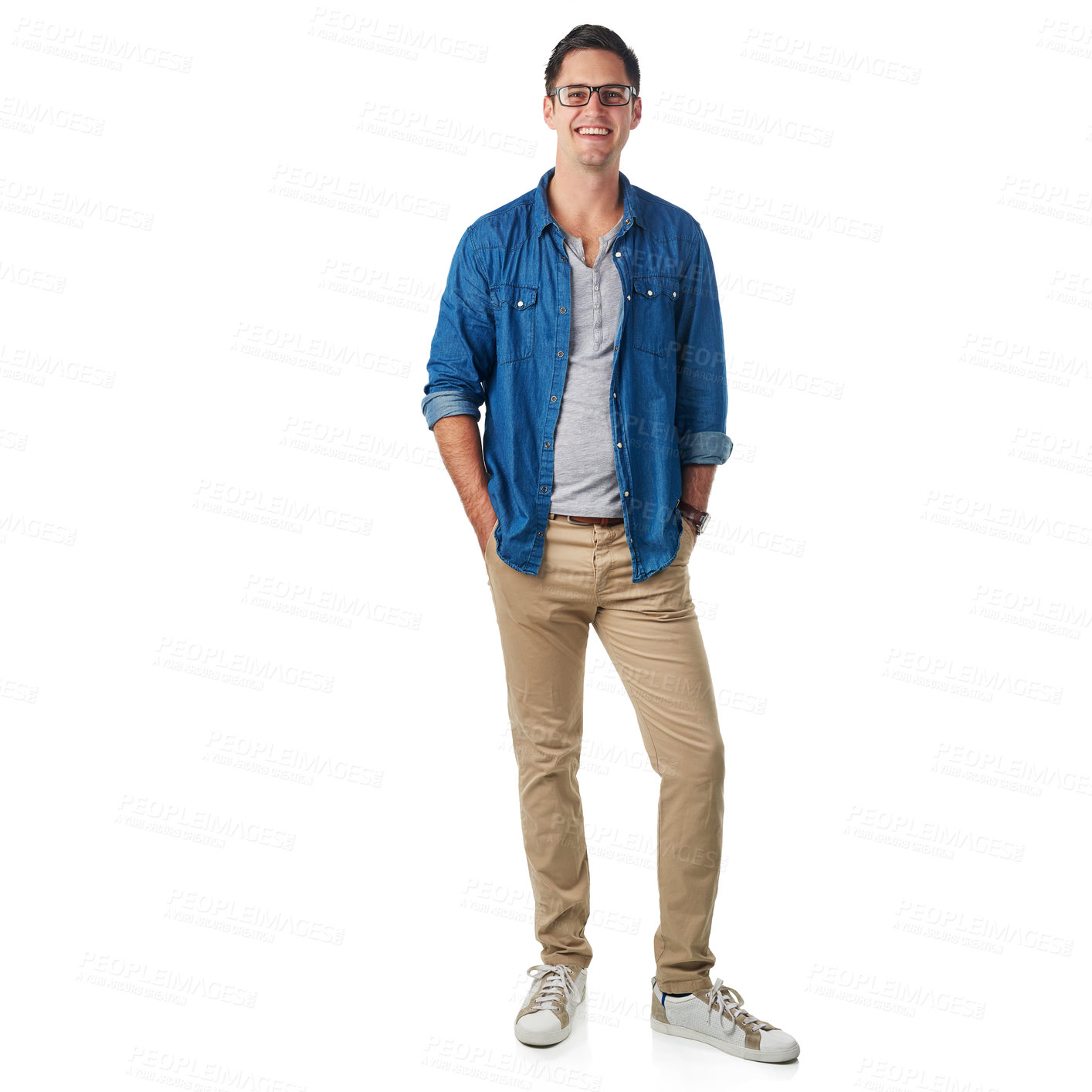 Buy stock photo Portrait, fashion and mockup with a casual man in studio isolated on a white background for a clothes brand. Glasses, hands in pockets and clothing with a male posing to promote trendy style