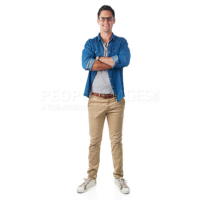 Buy stock photo Portrait, fashion and mockup with a man in studio isolated on a white background standing arms crossed. Trendy, casual and mock up with a handsome young male posing on blank space in stylish clothes