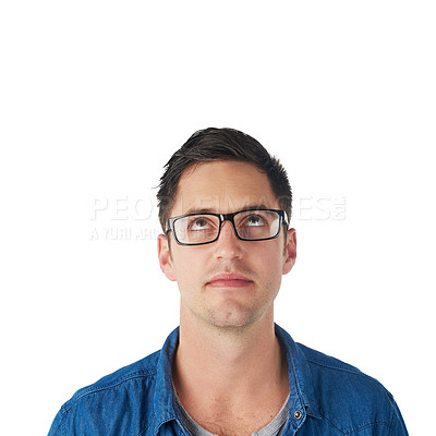 Buy stock photo Thinking, idea and man in studio for vision, choosing and option while looking up on white background. Planning, strategy and young entrepreneur contemplate, choice and unsure while standing isolated