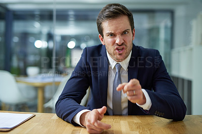 Buy stock photo Businessman, upset and portrait with shout, pointing in workplace or company as frustrated employee. Male person, professional and angry at desk in corporate, job or career as manager or supervisor