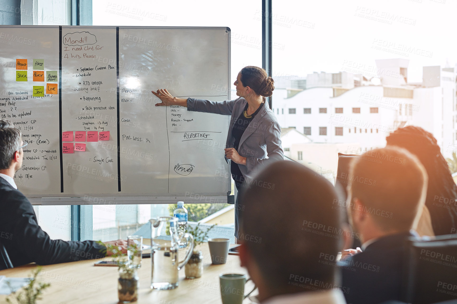 Buy stock photo Businesswoman, presentation and brainstorming meeting in office, project planning or teamwork. Men, woman and conference room as finance accountant or company target as sticky notes, report or ideas