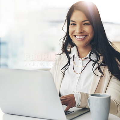 Buy stock photo Business woman, laptop and portrait in office with vision, internet research and strategy for goals. Happy executive, computer and brainstorming for ideas, success and website management in workplace