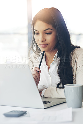 Buy stock photo Business woman, laptop and thinking in workplace with vision, internet research and strategy for goals. Young executive, computer and brainstorming for ideas, focus and website management in office