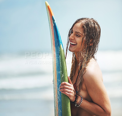 Buy stock photo Happy, laughing and woman with surfboard at beach for summer holiday, vacation and adventure. Travel, Miami and surfer with joke by ocean, waves and sea for water sports, training and hobby in nature