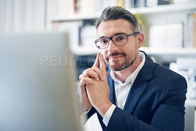 Buy stock photo Portrait, confidence and business man in office on computer for career or job in Germany. Face, worker and professional attorney in glasses, entrepreneur and corporate employee in suit at workplace