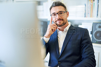 Buy stock photo Portrait, confidence and business man in office on computer for career or job in Australia. Face, professional and consultant in glasses, entrepreneur and corporate employee in suit at workplace