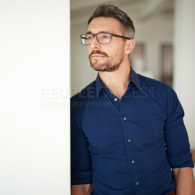 Buy stock photo Thinking, planning and business man in office for inspiration, idea or future goals. Professional, thoughtful and male person for decision, opportunity or contemplating opportunity in workplace
