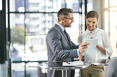 Buy stock photo Tablet, coaching and meeting with business people in office for discussion, communication and online. Digital collaboration, app and corporate employees planning on technology, teamwork and review