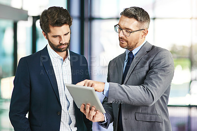 Buy stock photo Tablet, coaching and planning with business people in meeting for networking, communication and review. Idea, collaboration and corporate with employees for partnership, teamwork and mentor