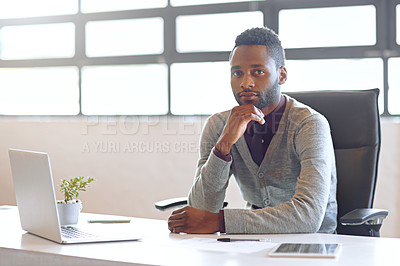 Buy stock photo Creative, black man and technology on desk in office for work as web developer or graphic designer for company. Person, internet and online for website programming or software update for agency.