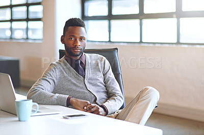 Buy stock photo Creative, black man and portrait by window in office of designer agency for work as publicist for media or public relations. Male employee, confident and happy for reputation management for company.