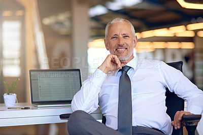 Buy stock photo Mature businessman, boss and portrait in office with laptop screen for trading information and stock exchange data. Executive, professional trader and happy face with tech display for online broker