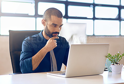 Buy stock photo Laptop, idea and research with a business man in the office, working online to finish a project at his desk. Computer, thinking and email with a young male employee at work for company planning