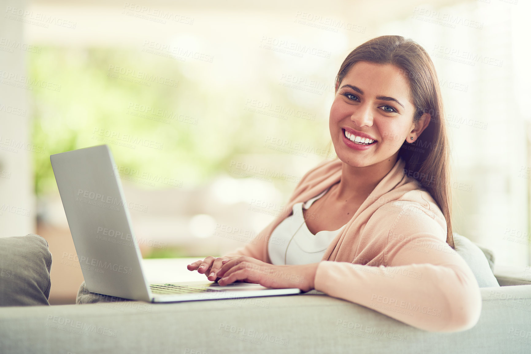 Buy stock photo Remote work, sofa and portrait of woman on laptop for online networking, internet and typing email. Working from home, relax and person on computer for website, research and proposal in living room