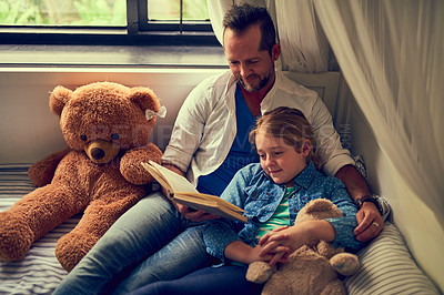 Buy stock photo Home, child and dad with book for reading story, bonding together and connection with fantasy. Bed, father and daughter to listen to storytelling, education and curious girl for cognitive development