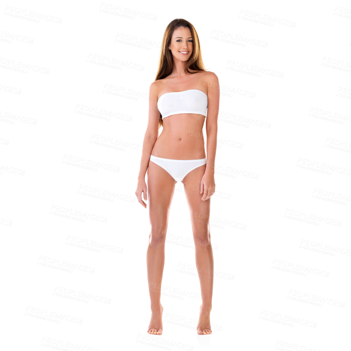 Buy stock photo Weight loss, portrait and woman in underwear with healthy body, confidence and studio mockup space. Fashion, fitness results and happy girl with wellness, smile and isolated on white background.