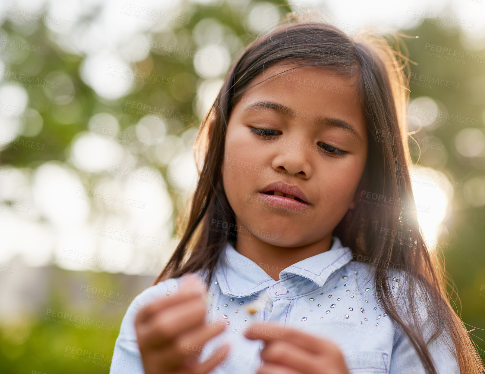 Buy stock photo Outdoor, play and fun with girl, kid and sunshine with nature, weekend break and bokeh background. Childhood, park and plants with lens flare, summer and vacation with adventure, explore and journey