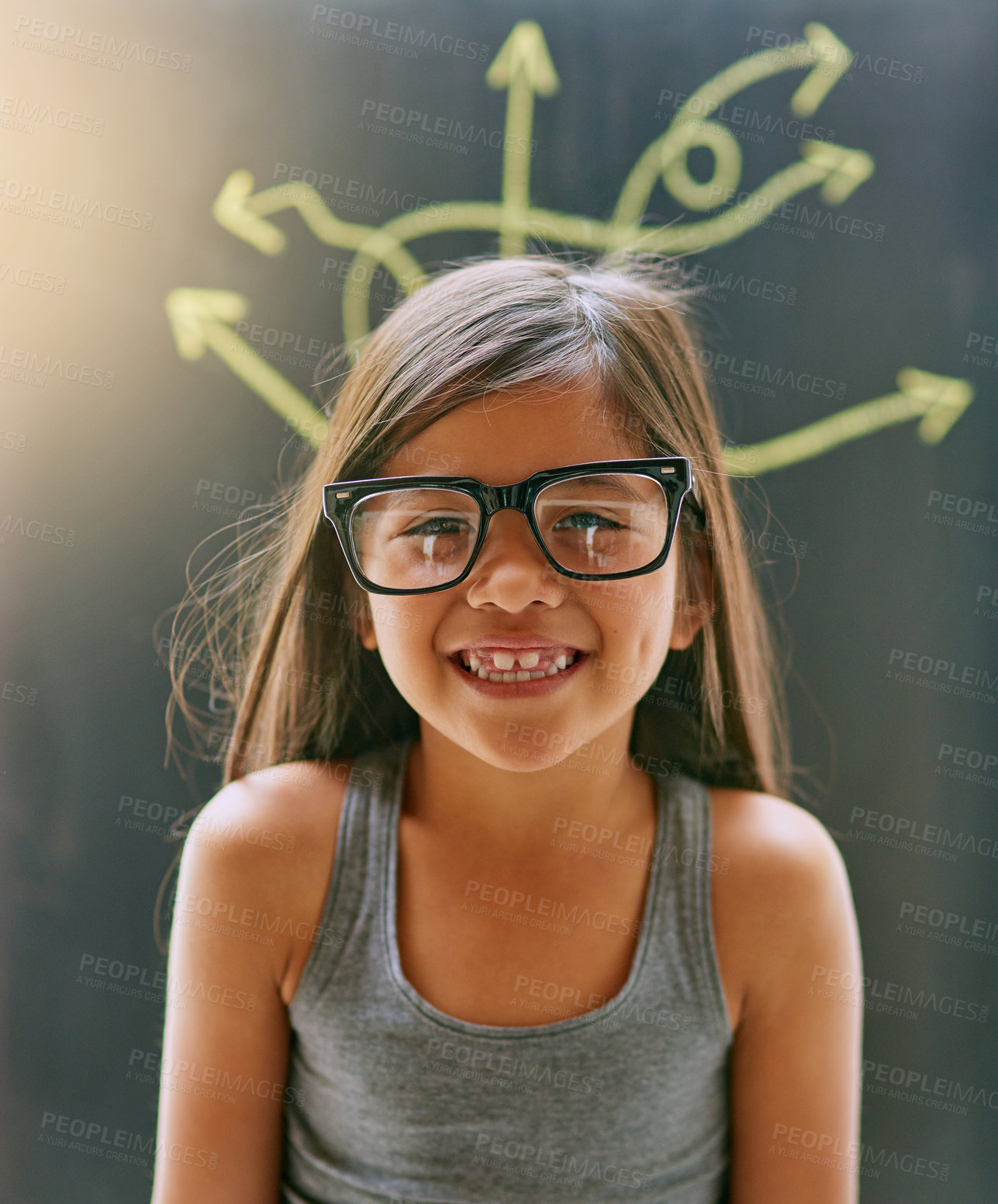 Buy stock photo Girl, child and studio with glasses in portrait and happiness, attention or proud for youth. Female kid, backdrop and arrows for growth and development, optimistic for future with smile in Chicago