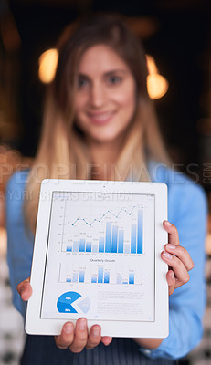 Buy stock photo Cropped portrait of an attractive young woman showing you her coffee shop graphs on a digital tablet