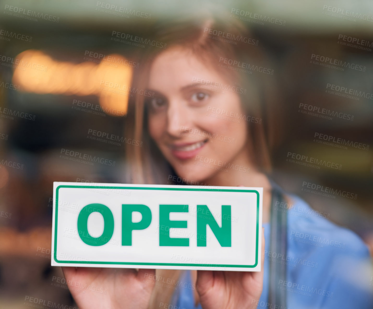 Buy stock photo Small business, open sign and woman with coffee shop, portrait and startup with confidence, welcome and success. Person, entrepreneur and owner with icon, symbol and entrance with cafe and billboard