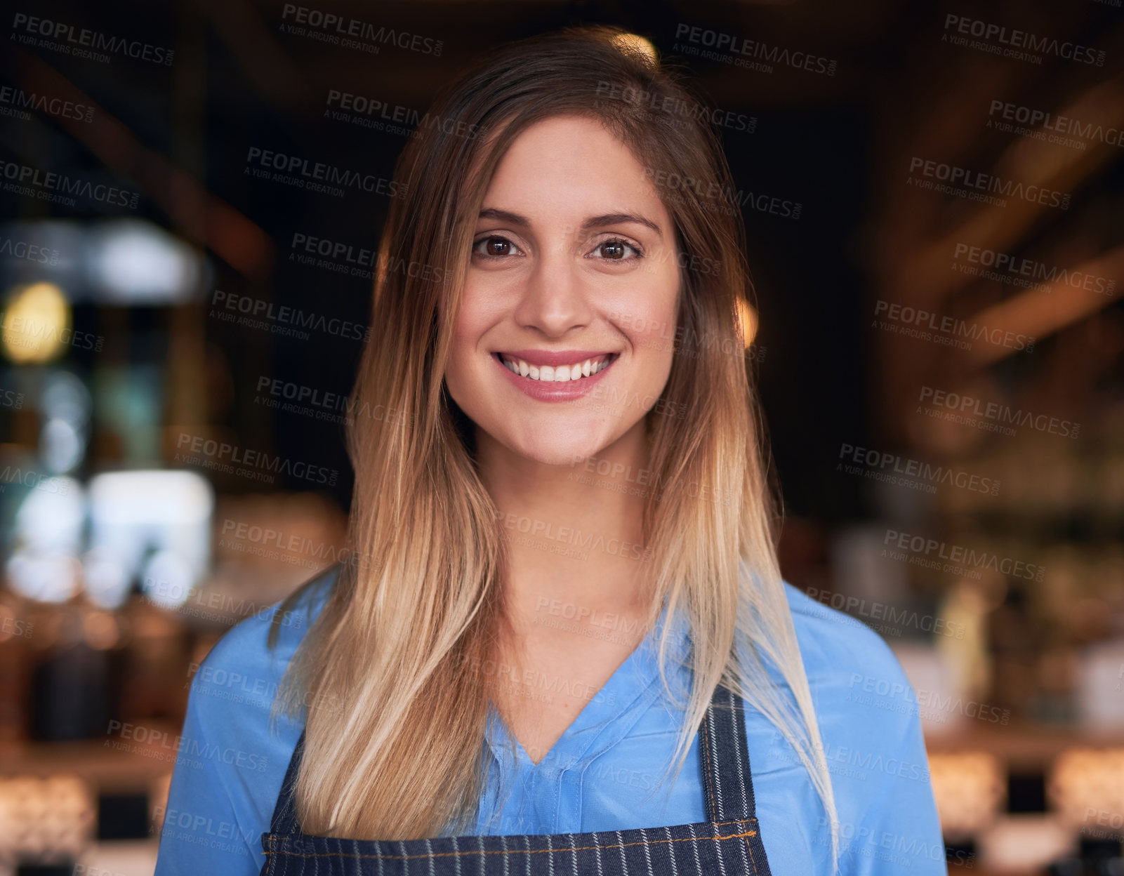 Buy stock photo Portrait, smile and welcome with waitress in cafe for hospitality, service or small business. Coffee shop, restaurant or startup with happy woman employee at work as barista, entrepreneur or owner