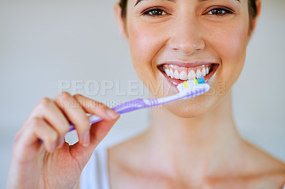 Buy stock photo Toothpaste, toothbrush and woman brushing teeth in bathroom for health, happiness and wellness in morning. Girl, portrait and cleaning mouth or healthcare, dental care or oral hygiene, smile or home