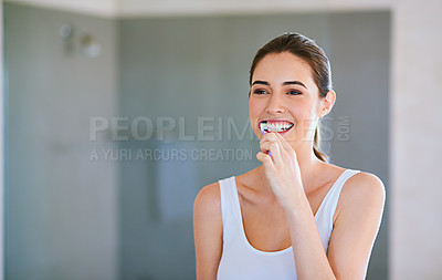 Buy stock photo Toothbrush, toothpaste and woman brushing teeth in bathroom for health, happiness and wellness in morning. Girl, cleaning mouth for dental care and oral hygiene or smile in home with mockup space