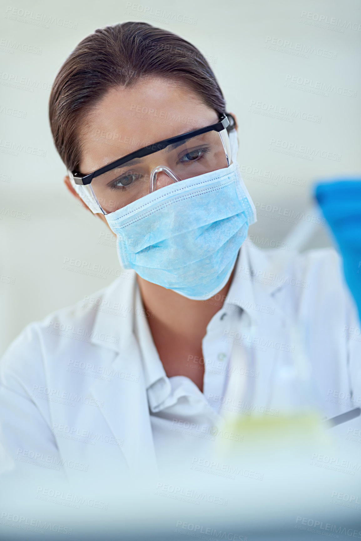 Buy stock photo Woman, scientist and chemical in glass for scientific experiment, reaction and research. Healthcare, musk and test tube with scientific study or innovation for vaccine, cure and treatment or medicine