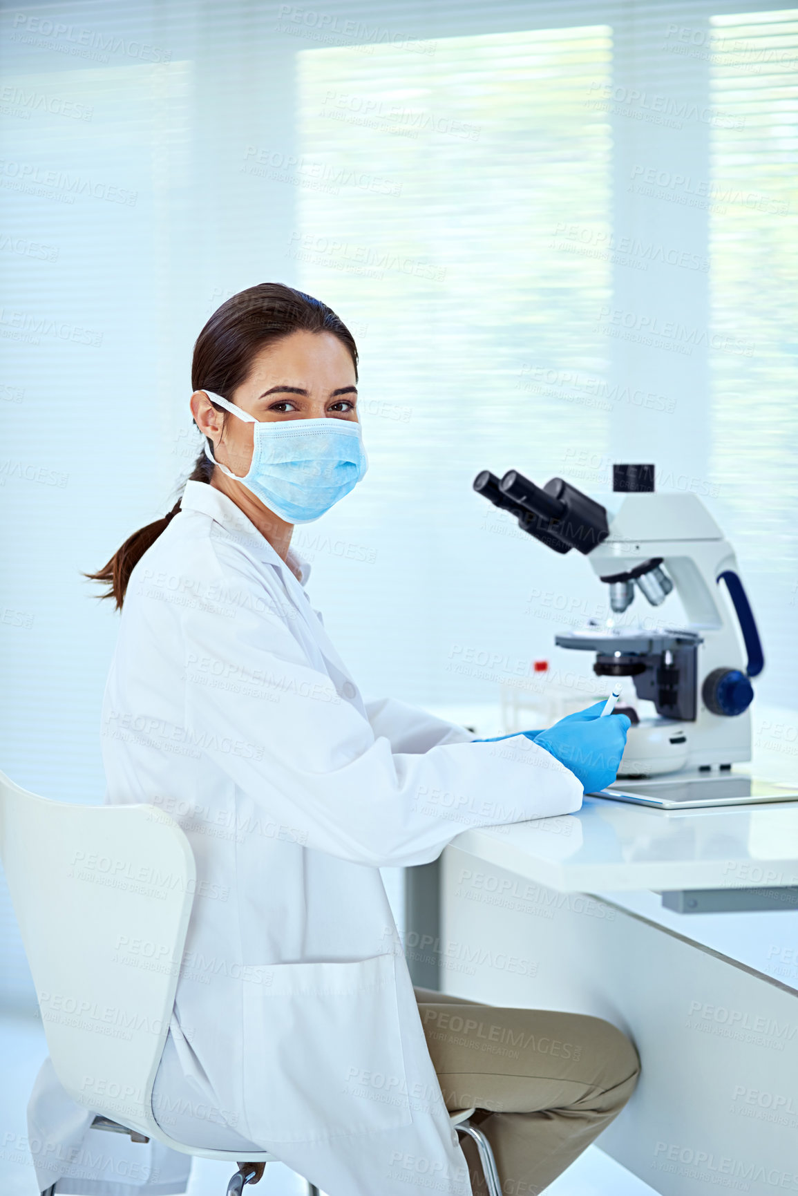Buy stock photo Portrait, research or woman with mask, microscope or vaccine with breakthrough, analytics for cure or Alzheimer gene. Face cover, person or employee with biotech, scientist or medical with sample