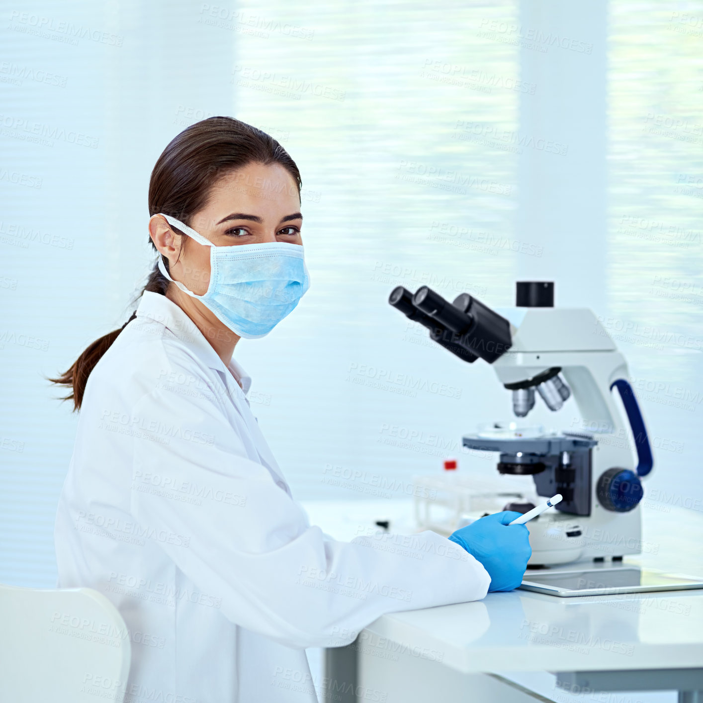 Buy stock photo Portrait, science and woman in lab, microscope and research for breakthrough, dna and medical. Face mask, person or employee with biotech, scientist and experiment with vaccine, sample or equipment