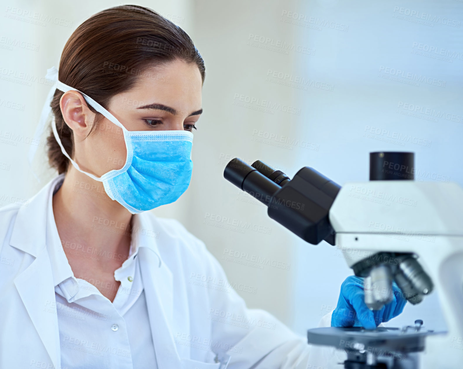 Buy stock photo Science, laboratory and woman with microscope for medical discovery, research and lab study. Healthcare, pharmaceutical and scientist with equipment for sample, experiment and examine for medicine