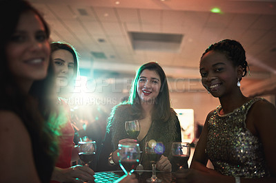 Buy stock photo Portrait, wine and friends at a party for celebration, birthday or social event, happy and having fun. Face, women and club with drinks, relax and smile, excited and cheerful for club or happy hour