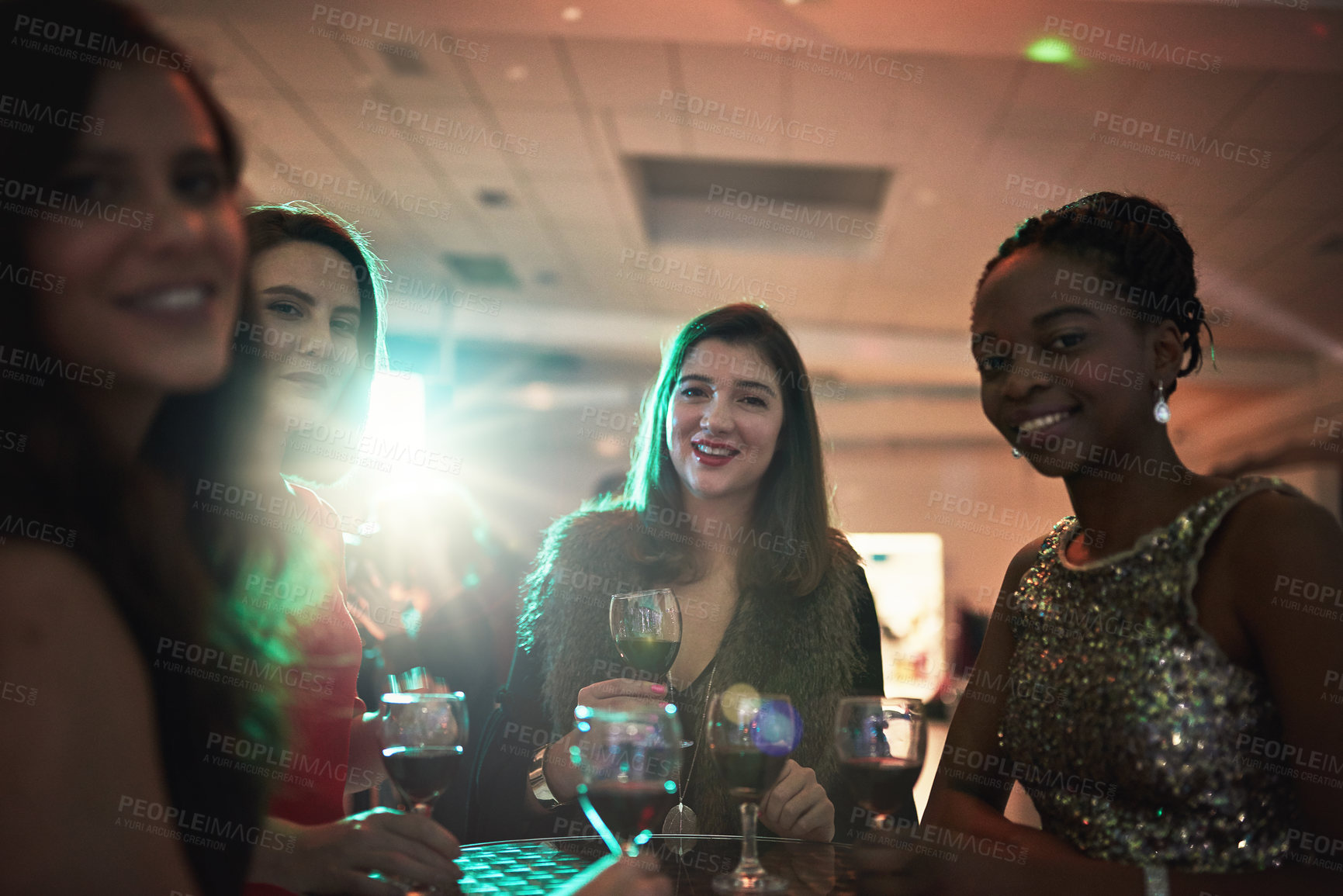 Buy stock photo Portrait, wine and friends at a party for celebration, birthday or social event, happy and having fun. Face, women and club with drinks, relax and smile, excited and cheerful for club or happy hour