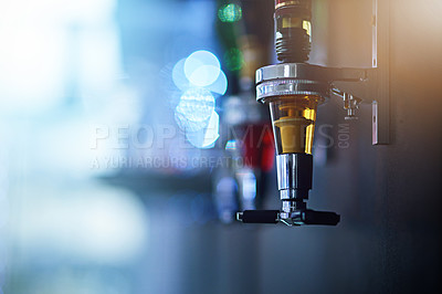 Buy stock photo Alcohol, drink and closeup of tap in nightclub for cocktail shots, pour alcoholic beverage and beer. Bartending, liquor and focus on beer tap for clubbing, restaurant and cocktail bar in background