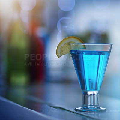Buy stock photo Shot of a glass of alcohol on a countertop in a nightclub