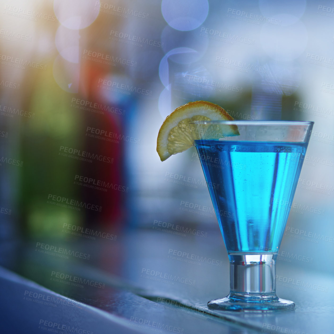 Buy stock photo Alcohol, glass and countertop of nightclub, cocktail and drink of liquor, party and liquid for celebration. Weekend, color and beverage in pub, closeup and nightlife for New York, wine and gin