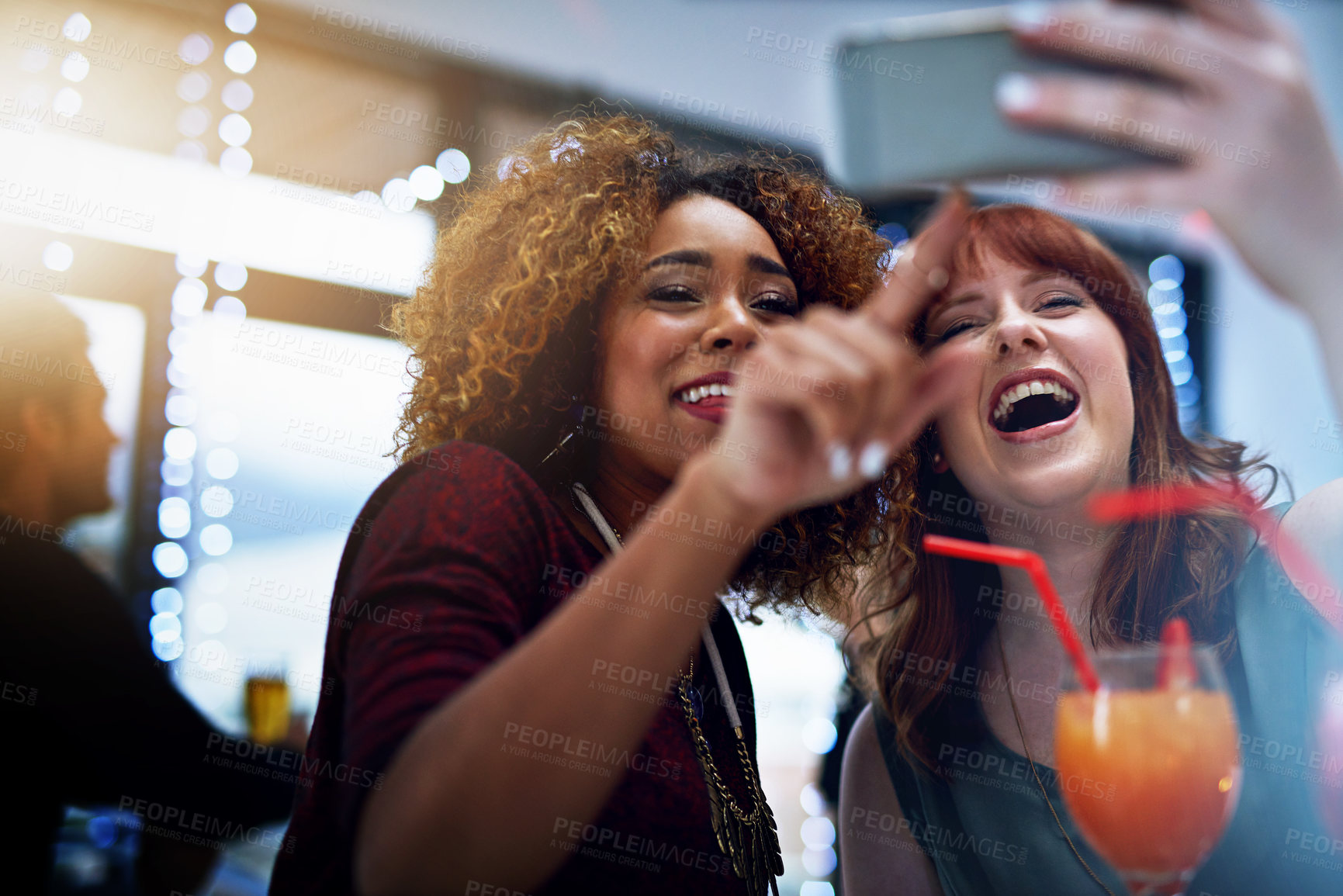 Buy stock photo Woman, smile and selfie in club for party, event or nightlife, bonding and friendship with fun or laughter. Alcohol, cocktail and nightclub for excitement and celebration, birthday and social drink